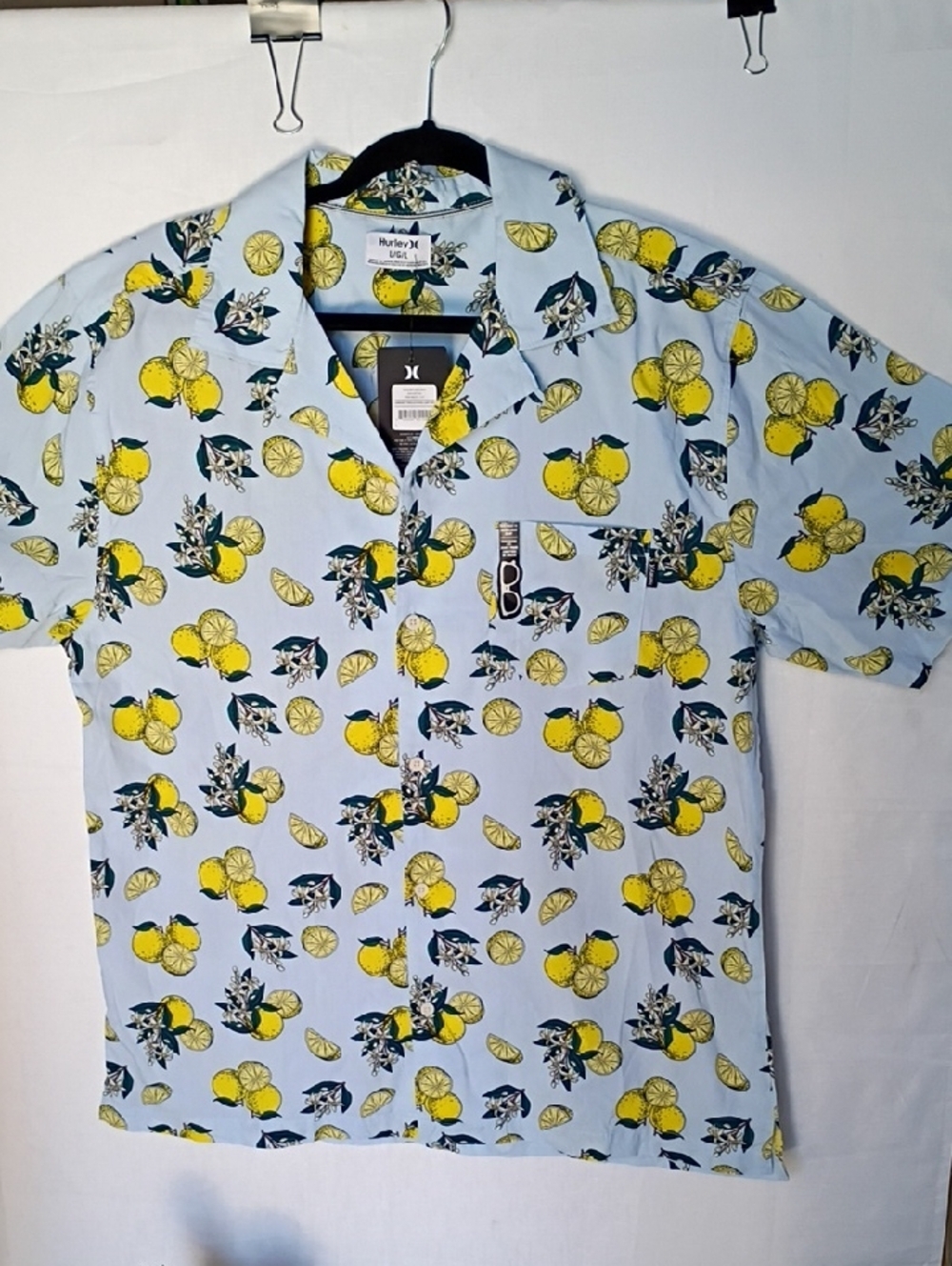 Hurley Men's Light Blue Short-Sleeve Lemon Print Button-Down Shirt Size L